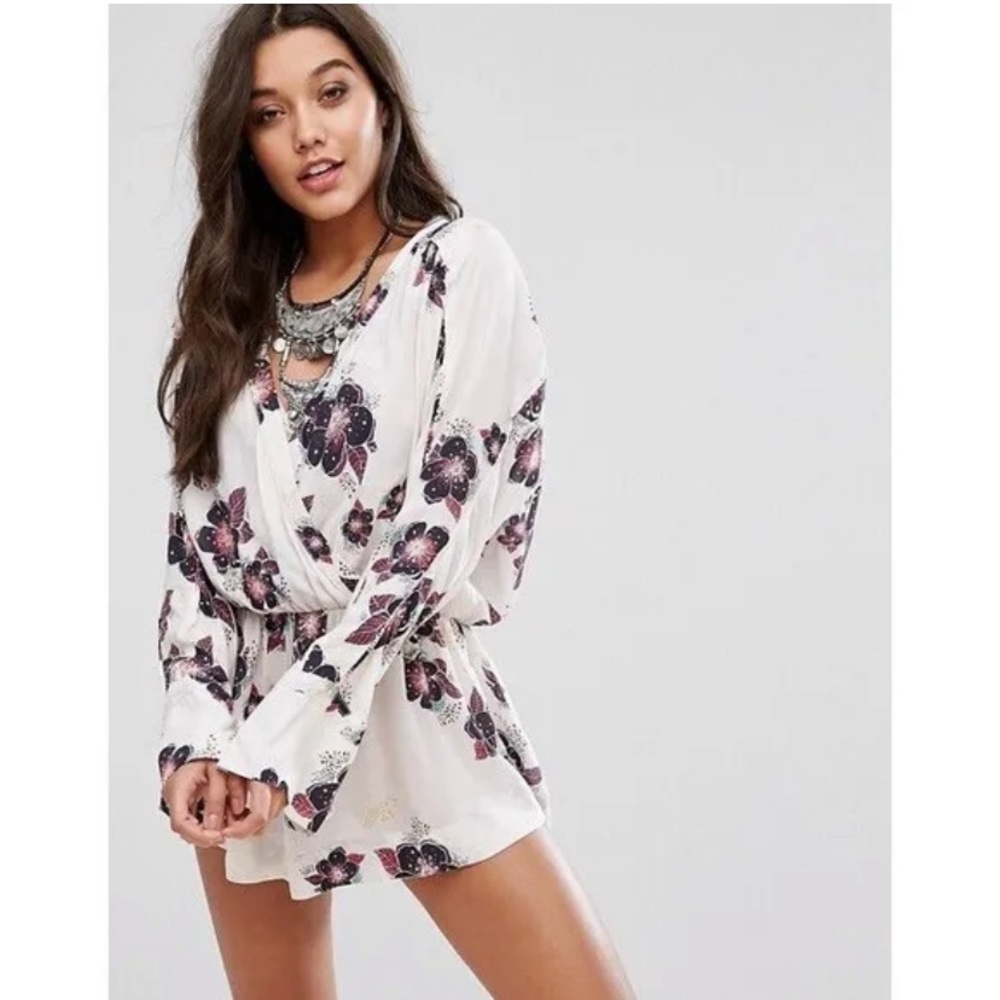Free People Tuscan Dreams Tunic Top Dress Floral Print Size M Neutral Boho